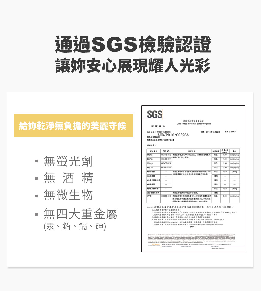 We Charming藍銅極潤晶羽絲面膜 通過SGS檢驗(無微生物、無螢光劑、無酒精、無四大重金屬)