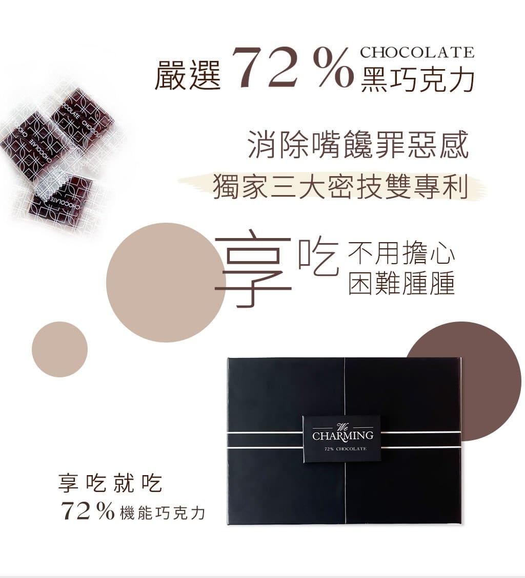 享吃就吃 72%機能巧克力(10片/盒) 嚴選72%黑巧克力，想吃就吃消除嘴饞罪惡感