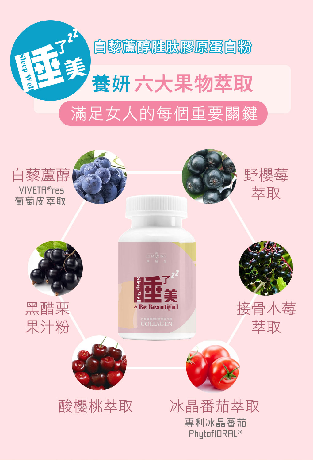 睡了美-白藜蘆醇胜肽膠原蛋白粉  添加女性必備六大養妍果物萃取(白藜蘆醇、野櫻莓萃取、冰晶番茄萃取、酸櫻桃萃取、接骨木莓萃取、黑醋栗果汁粉)
